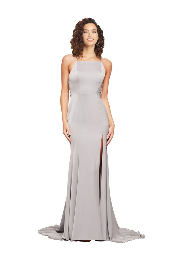 Trapèze Col Haut Balayage train Satiné Stretch Longue Formelles Robes demoiselle d'honneur / Robes de soirée / Robes de bal Pas Cher