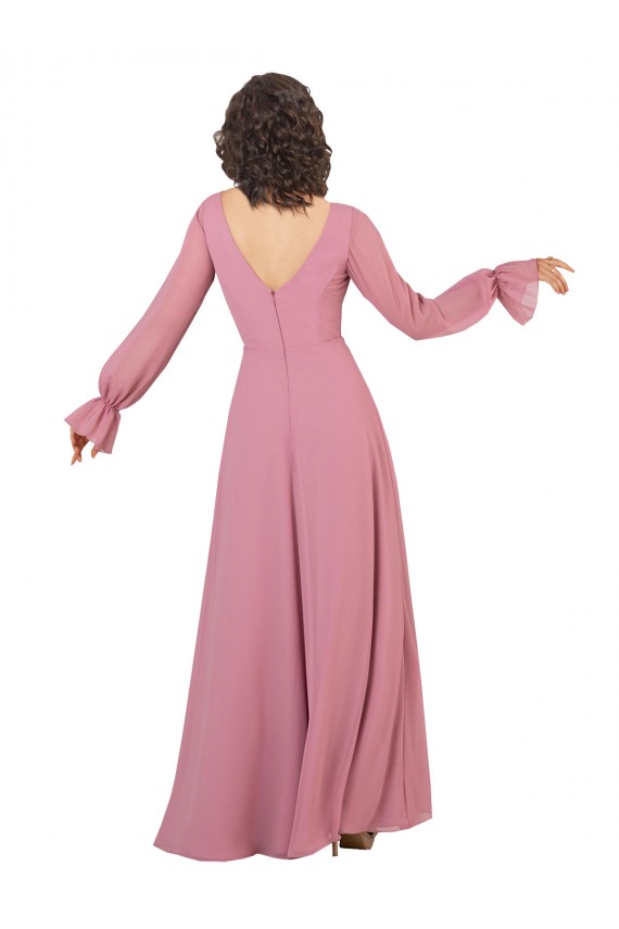 Trapèze Col V Mousseline Longue Robes demoiselle d'honneur Pas Cher