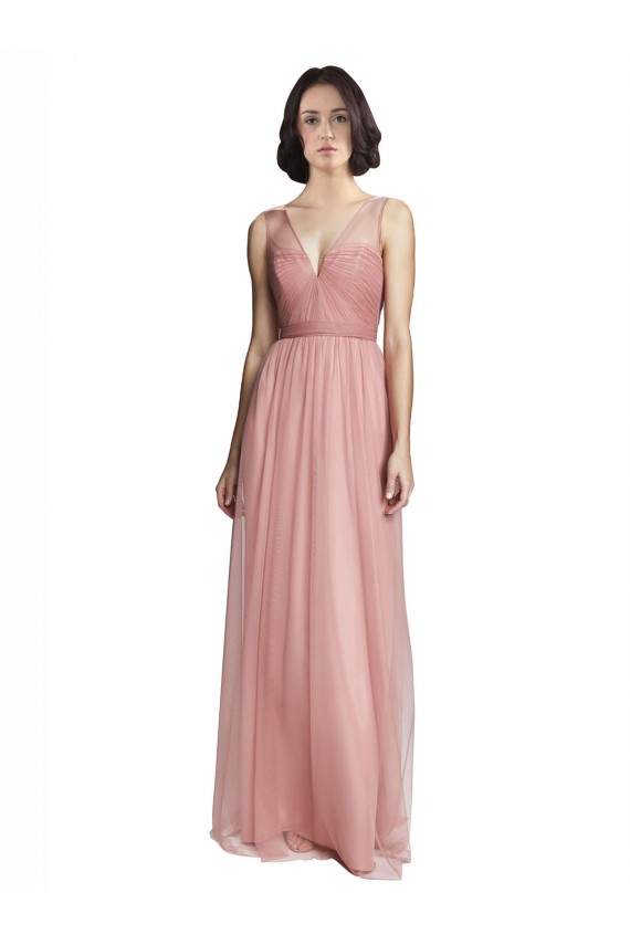 Trapèze Col V Tulle Longue Robes demoiselle d'honneur Pas Cher