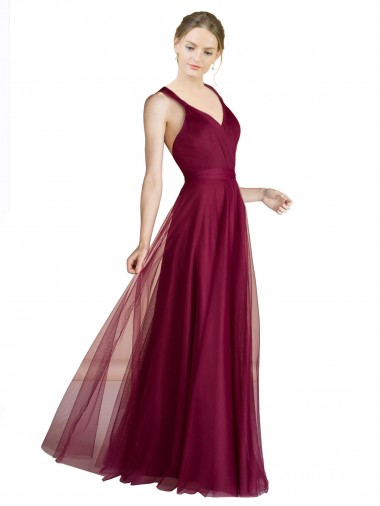 Trapèze Col V Tulle Longue Robes demoiselle d'honneur Pas Cher