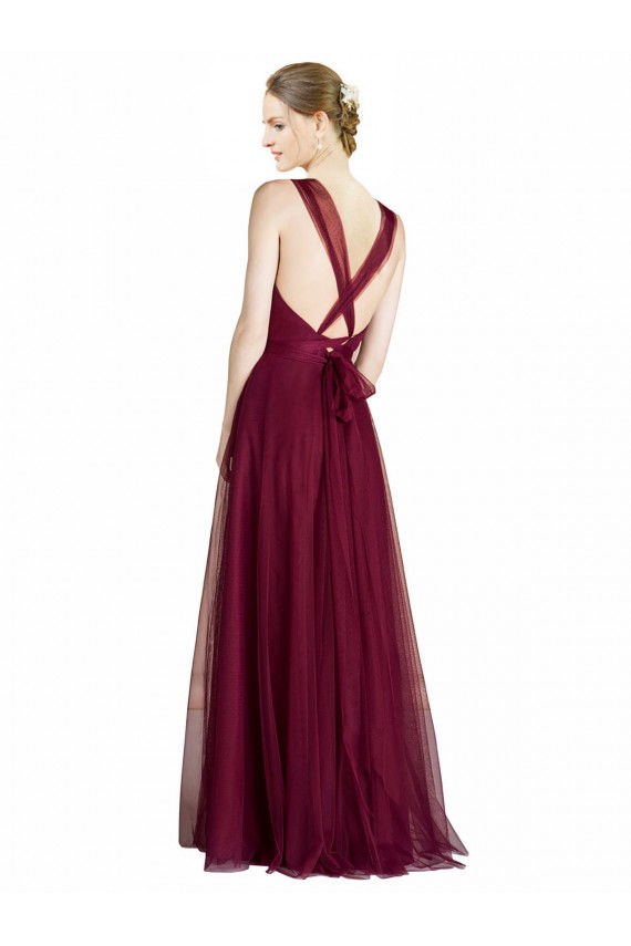 Trapèze Col V Tulle Longue Robes demoiselle d'honneur Pas Cher
