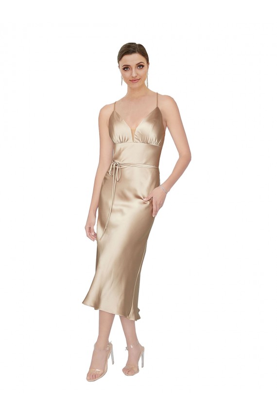 Trapèze Col V midi Satiné Soyeux Courte Robes demoiselle d'honneur / Robes de soirée / Robes de cocktail Pas Cher