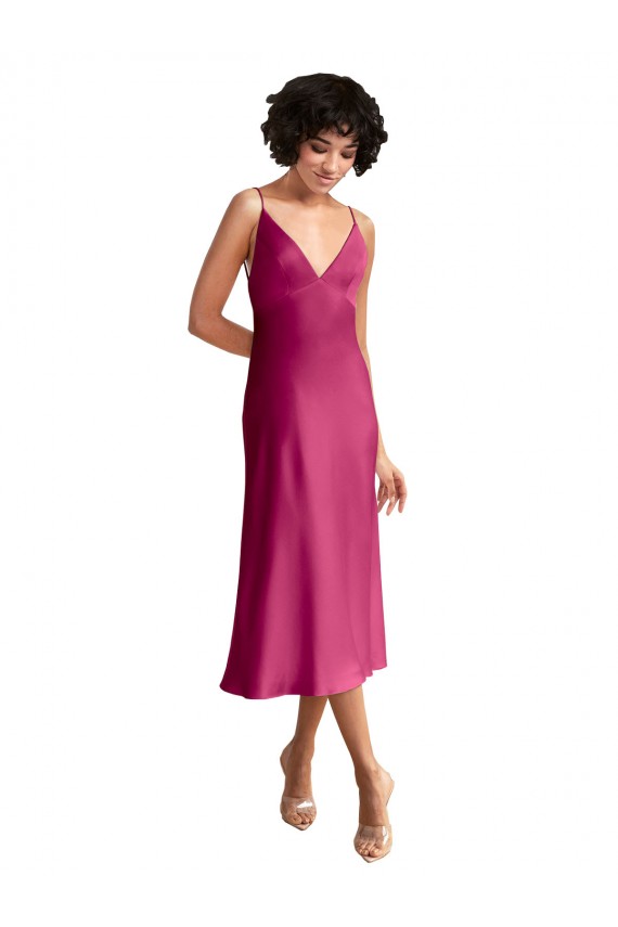 Trapèze Col V midi Satiné Stretch Courte Robes demoiselle d'honneur / Robes de soirée / Robes de cocktail Pas Cher
