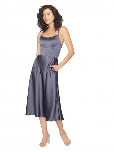 Trapèze Scoop midi Satiné Soyeux Courte Robes demoiselle d'honneur / Robes de bal / Robes de cocktail Pas Cher