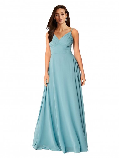 Turquoise Trapèze Col V Mousseline Longue Robes demoiselle d'honneur Pas Cher