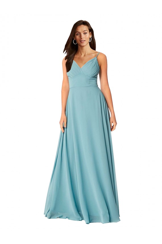 Turquoise Trapèze Col V Mousseline Longue Robes demoiselle d'honneur Pas Cher