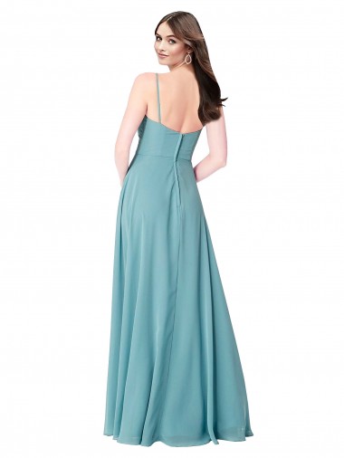 Turquoise Trapèze Col V Mousseline Longue Robes demoiselle d'honneur
