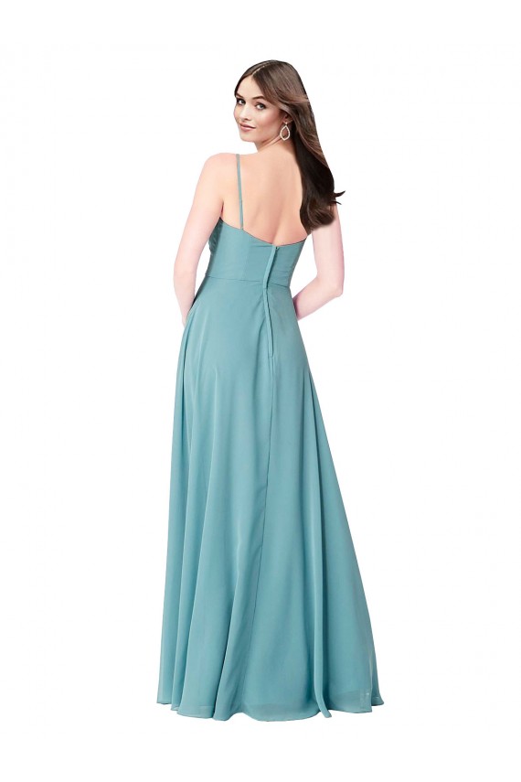 Turquoise Trapèze Col V Mousseline Longue Robes demoiselle d'honneur Pas Cher