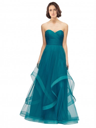 Turquoise Trapèze Sans bretelle Tulle Longue Robes demoiselle d'honneur Pas Cher