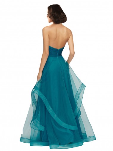 Turquoise Trapèze Sans bretelle Tulle Longue Robes demoiselle d'honneur