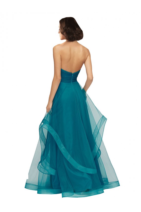 Turquoise Trapèze Sans bretelle Tulle Longue Robes demoiselle d'honneur Pas Cher