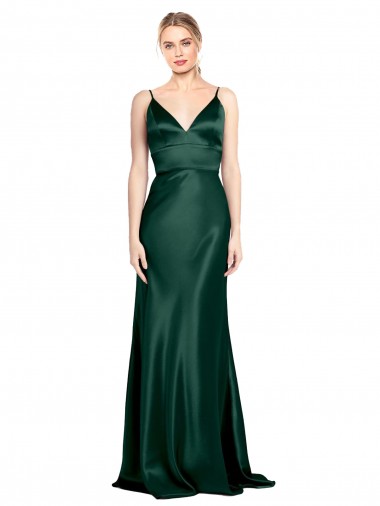 Vert Chasseur Fourreau Bretelles spaghetti Col V Satiné Stretch Longue Formelles Robes demoiselle d'honneur / Robes de soirée / Robes de bal Pas Cher