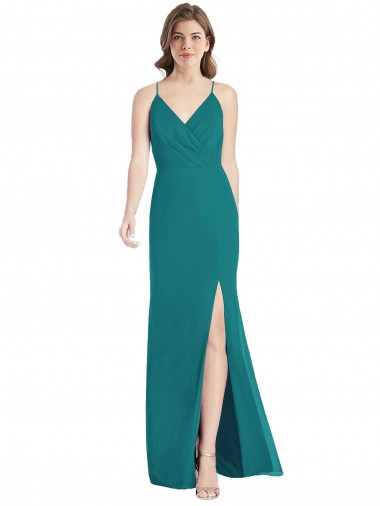 Vert Chasseur Sirène Bretelles spaghetti Col V Mousseline Longue Robes demoiselle d'honneur Pas Cher