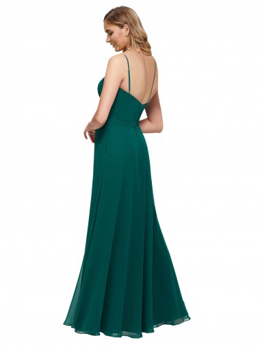 Vert Chasseur Trapèze Bretelles spaghetti Col Carré Mousseline Longue Robes demoiselle d'honneur