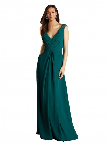 Vert Chasseur Trapèze Col V Mousseline Dentelle Longue Robes demoiselle d'honneur Pas Cher