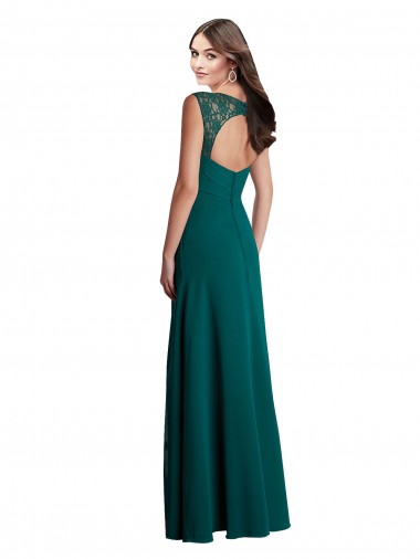 Vert Chasseur Trapèze Col V Mousseline Dentelle Longue Robes demoiselle d'honneur