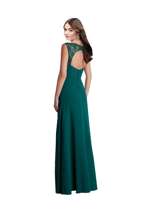 Vert Chasseur Trapèze Col V Mousseline Dentelle Longue Robes demoiselle d'honneur Pas Cher