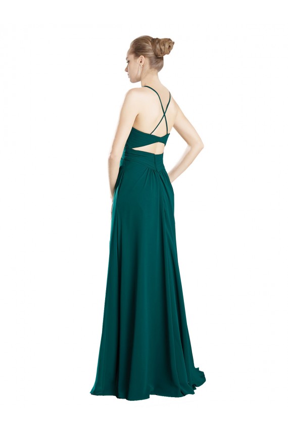 Vert Chasseur Trapèze Col V Mousseline Longue Robes demoiselle d'honneur Pas Cher