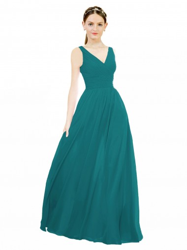 Vert Chasseur Trapèze Col V Mousseline Longue Robes demoiselle d'honneur Pas Cher