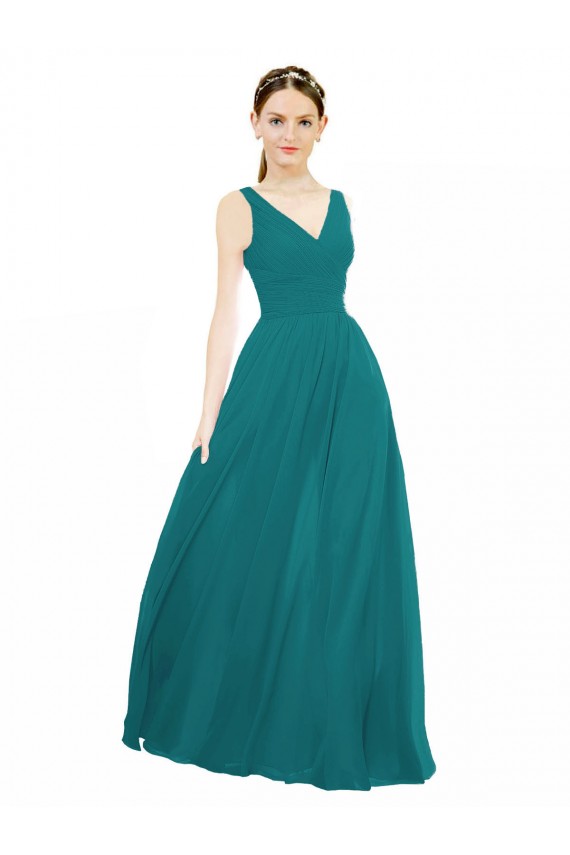 Vert Chasseur Trapèze Col V Mousseline Longue Robes demoiselle d'honneur Pas Cher