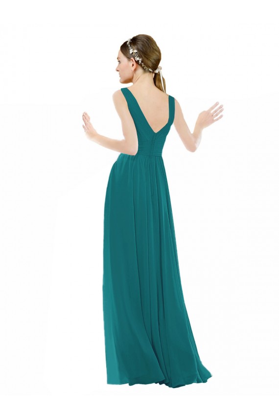 Vert Chasseur Trapèze Col V Mousseline Longue Robes demoiselle d'honneur Pas Cher