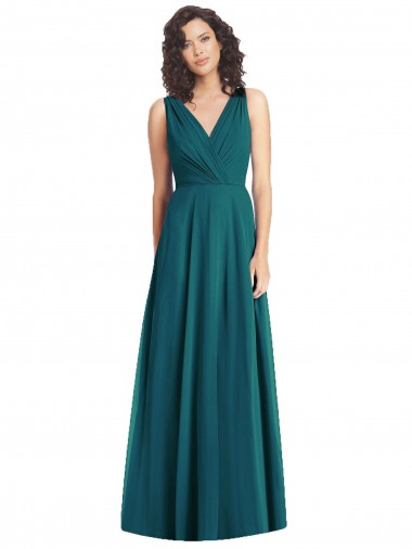 Vert Chasseur Trapèze Col V Mousseline Longue Robes demoiselle d'honneur Pas Cher