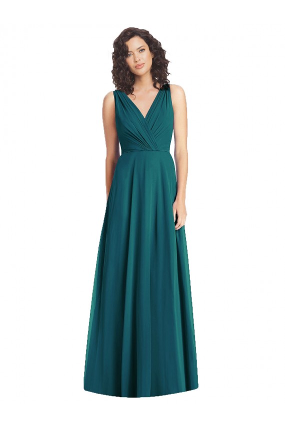 Vert Chasseur Trapèze Col V Mousseline Longue Robes demoiselle d'honneur Pas Cher