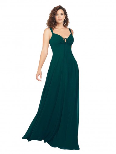 Vert Chasseur Trapèze Col V Mousseline Longue Robes demoiselle d'honneur Pas Cher