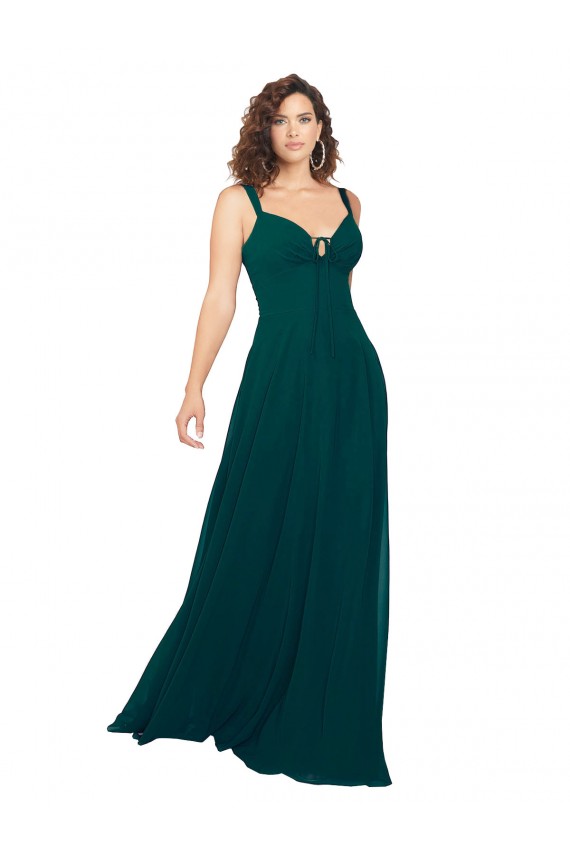 Vert Chasseur Trapèze Col V Mousseline Longue Robes demoiselle d'honneur Pas Cher