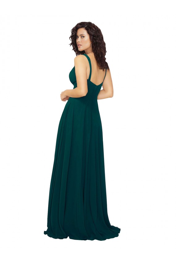 Vert Chasseur Trapèze Col V Mousseline Longue Robes demoiselle d'honneur Pas Cher