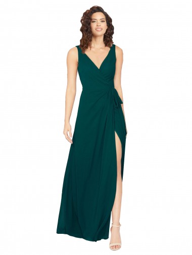 Vert Chasseur Trapèze Col V Mousseline Longue Robes demoiselle d'honneur Pas Cher