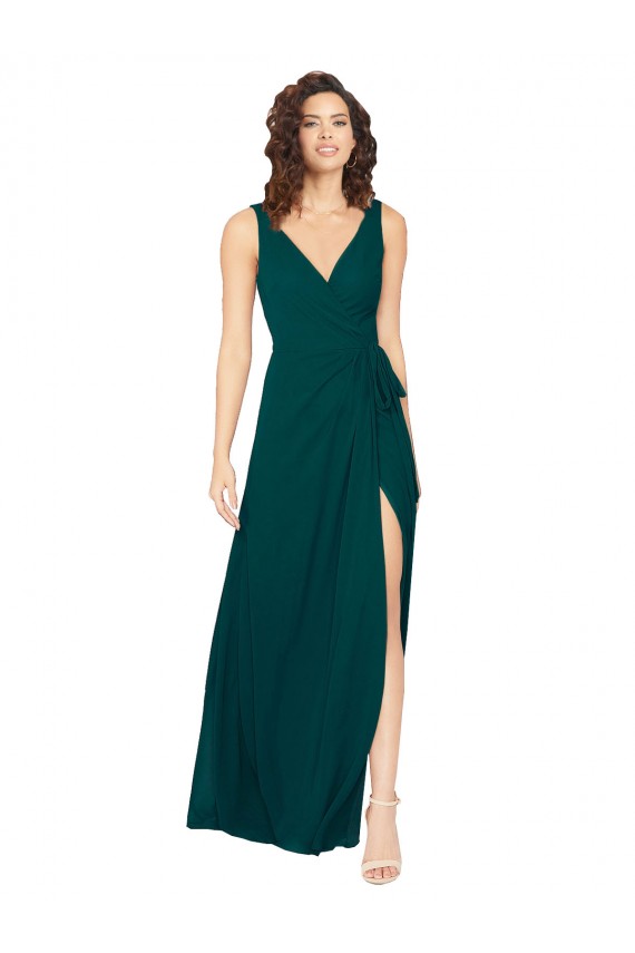 Vert Chasseur Trapèze Col V Mousseline Longue Robes demoiselle d'honneur Pas Cher