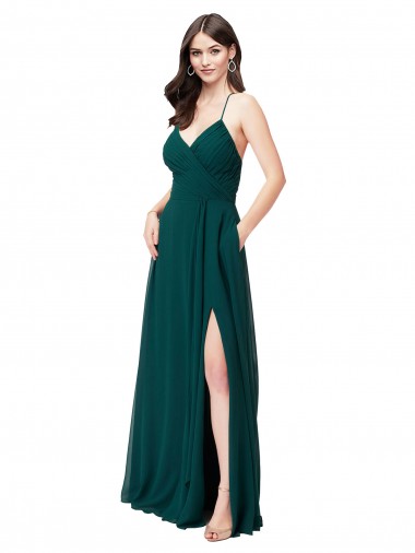 Vert Chasseur Trapèze Col V Mousseline Longue Robes demoiselle d'honneur Pas Cher
