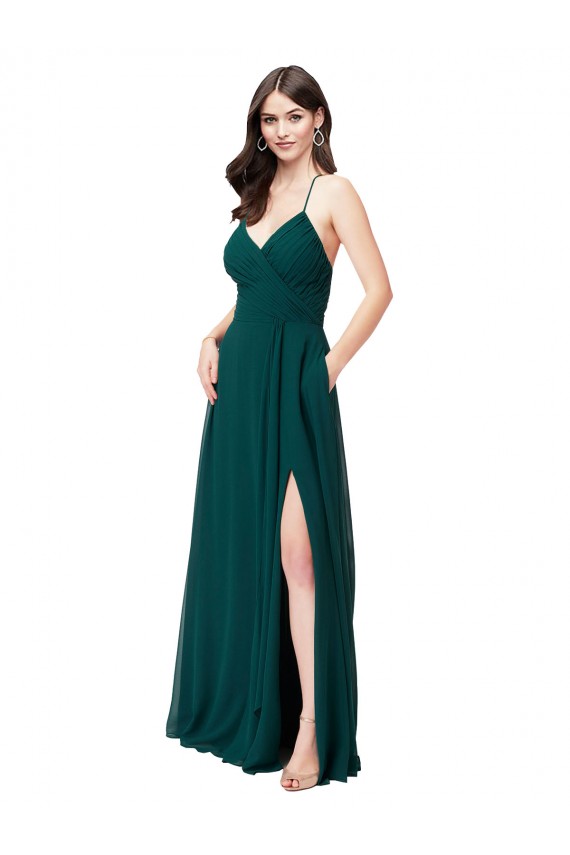 Vert Chasseur Trapèze Col V Mousseline Longue Robes demoiselle d'honneur Pas Cher