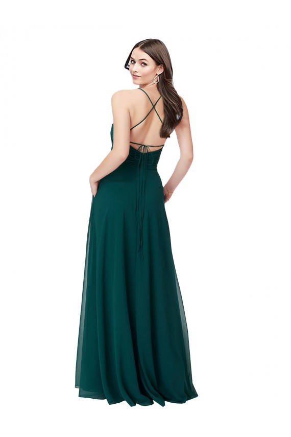 Vert Chasseur Trapèze Col V Mousseline Longue Robes demoiselle d'honneur Pas Cher