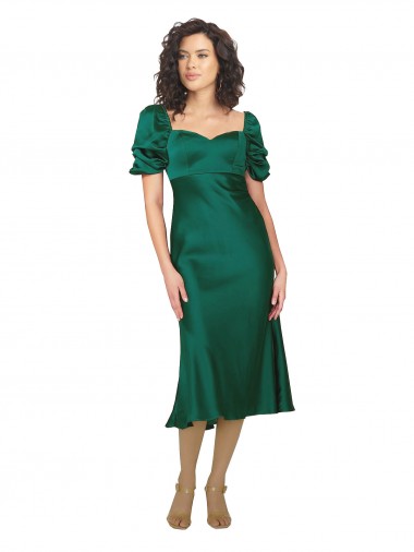 Vert Chasseur Trapèze midi Satiné Soyeux Courte Robes demoiselle d'honneur / Robes de soirée / Robes de bal Pas Cher