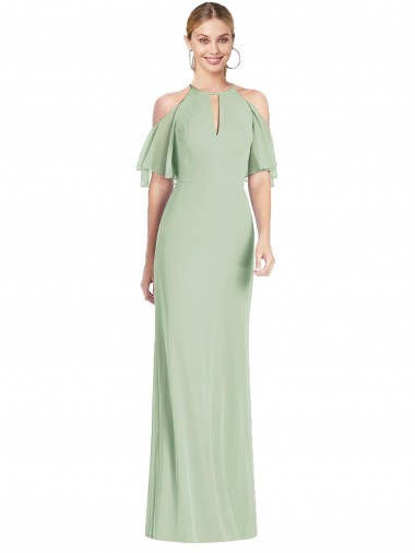 Vert Sauge Sirène Licou Mousseline Longue Robes demoiselle d'honneur Pas Cher