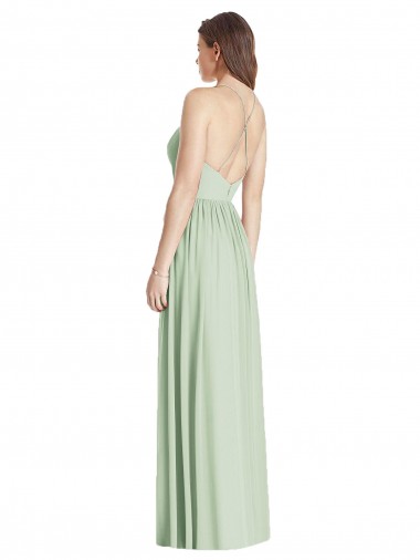 Vert Sauge Trapèze Bretelles spaghetti Col V Mousseline Longue Robes demoiselle d'honneur