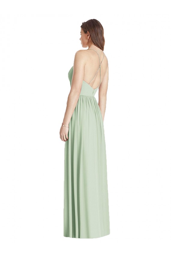 Vert Sauge Trapèze Bretelles spaghetti Col V Mousseline Longue Robes demoiselle d'honneur Pas Cher
