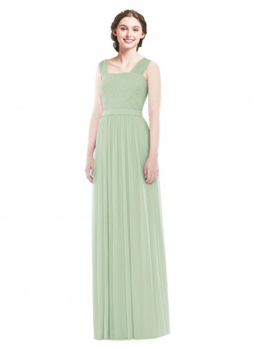 Vert Sauge Trapèze Bretelles spaghetti Mousseline Longue Robes demoiselle d'honneur Pas Cher