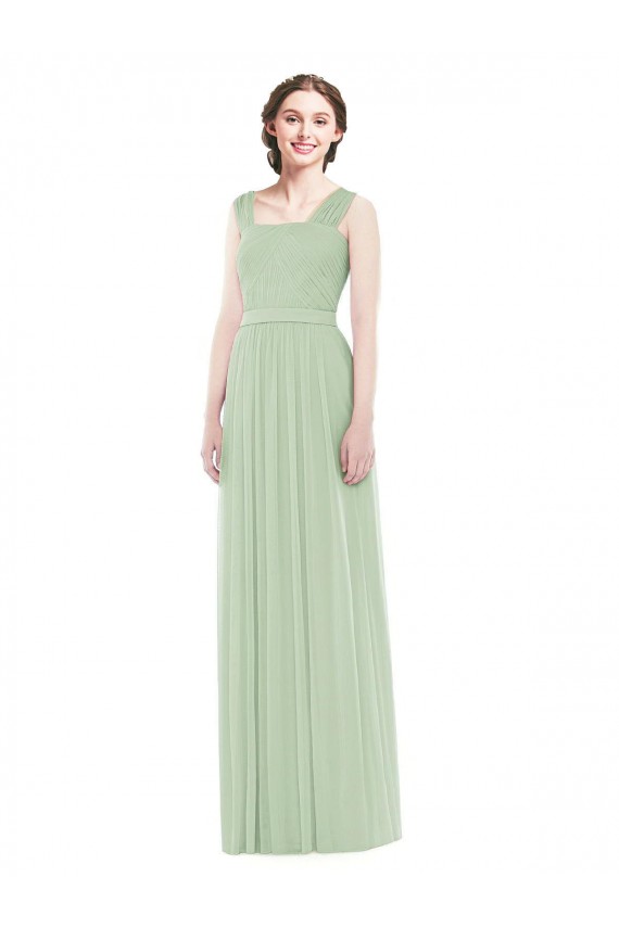 Vert Sauge Trapèze Bretelles spaghetti Mousseline Longue Robes demoiselle d'honneur Pas Cher
