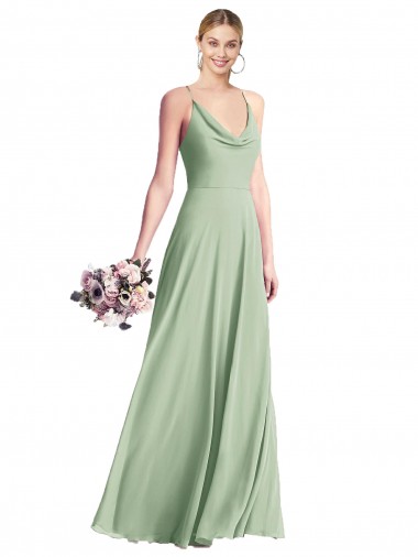 Vert Sauge Trapèze Bretelles spaghetti Mousseline Longue Robes demoiselle d'honneur Pas Cher