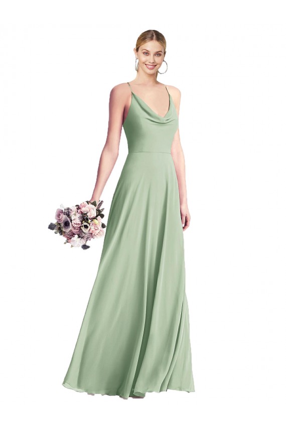 Vert Sauge Trapèze Bretelles spaghetti Mousseline Longue Robes demoiselle d'honneur Pas Cher