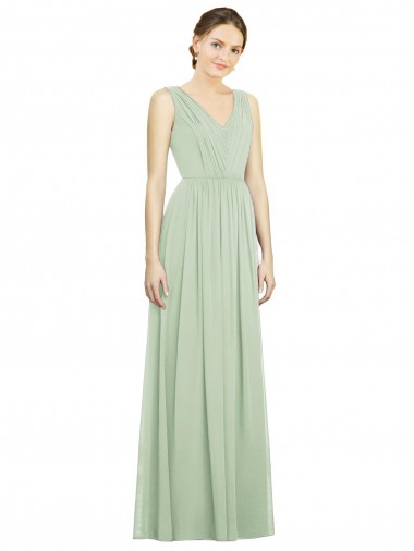 Vert Sauge Trapèze Col V Mousseline Longue Robes demoiselle d'honneur Pas Cher