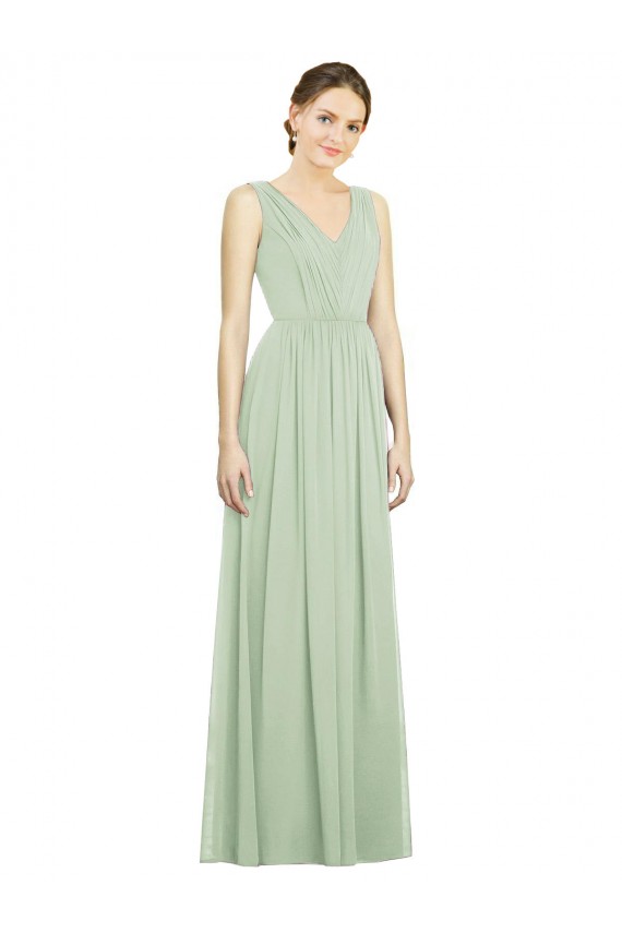 Vert Sauge Trapèze Col V Mousseline Longue Robes demoiselle d'honneur Pas Cher