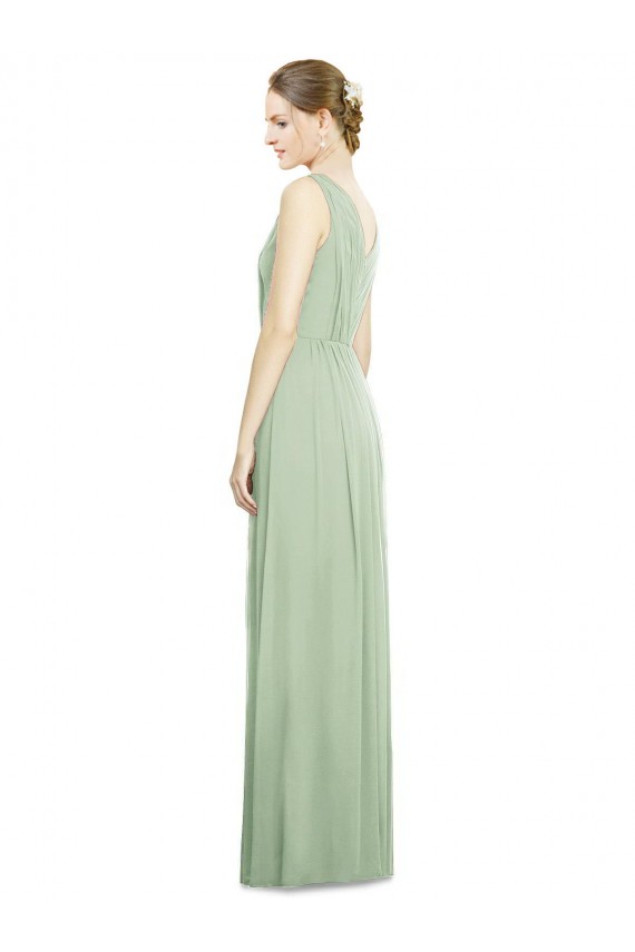 Vert Sauge Trapèze Col V Mousseline Longue Robes demoiselle d'honneur Pas Cher