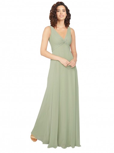 Vert Sauge Trapèze Col V Mousseline Longue Robes demoiselle d'honneur Pas Cher