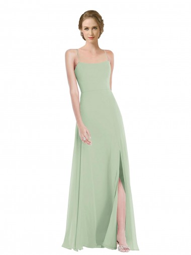 Vert Sauge Trapèze Scoop Mousseline Longue Robes demoiselle d'honneur Pas Cher