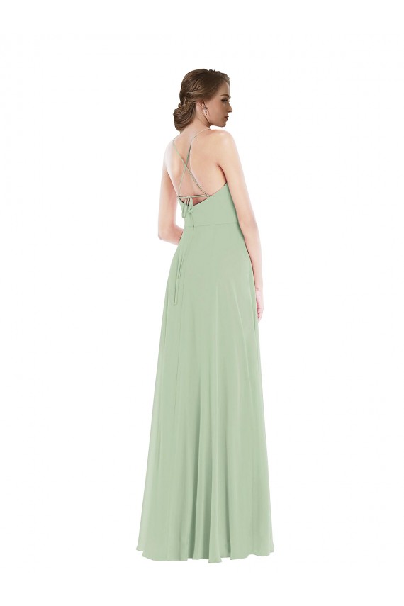 Vert Sauge Trapèze Scoop Mousseline Longue Robes demoiselle d'honneur Pas Cher