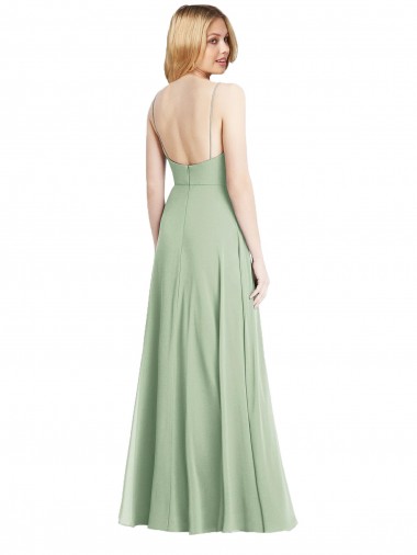 Vert Sauge Trompette Bretelles spaghetti Col Carré Mousseline Longue Formelles Robes demoiselle d'honneur / Robes de soirée